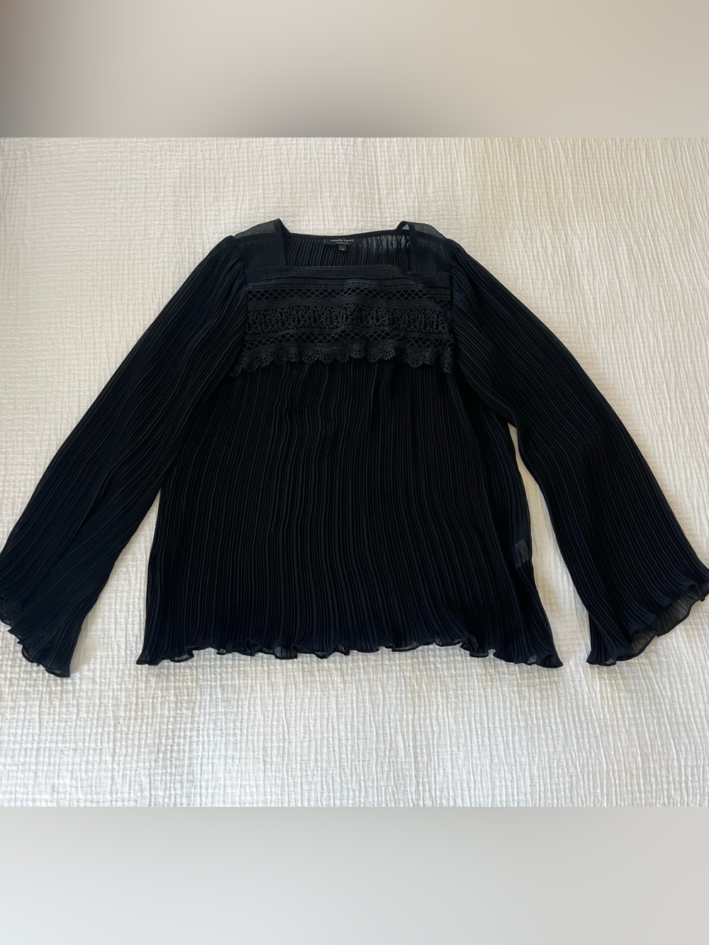 Nanette Lepore Sheer Black Pleated Lace Yoke Long Sleeve Blouse